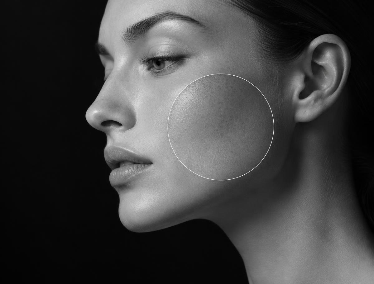 Rostro de perfil con análisis profesional de piel